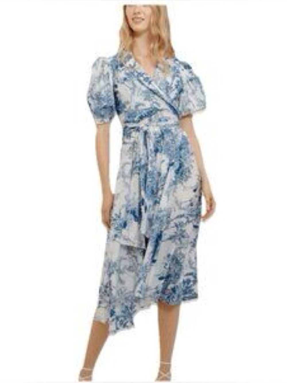 Blue Floral Wrap Midi Dress with Puff Sleeves